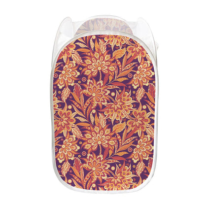 Orange Bohemian Floral Pattern Print Mesh Laundry Hamper