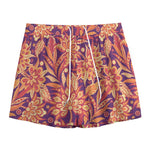 Orange Bohemian Floral Pattern Print Mesh Shorts