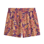 Orange Bohemian Floral Pattern Print Mesh Shorts