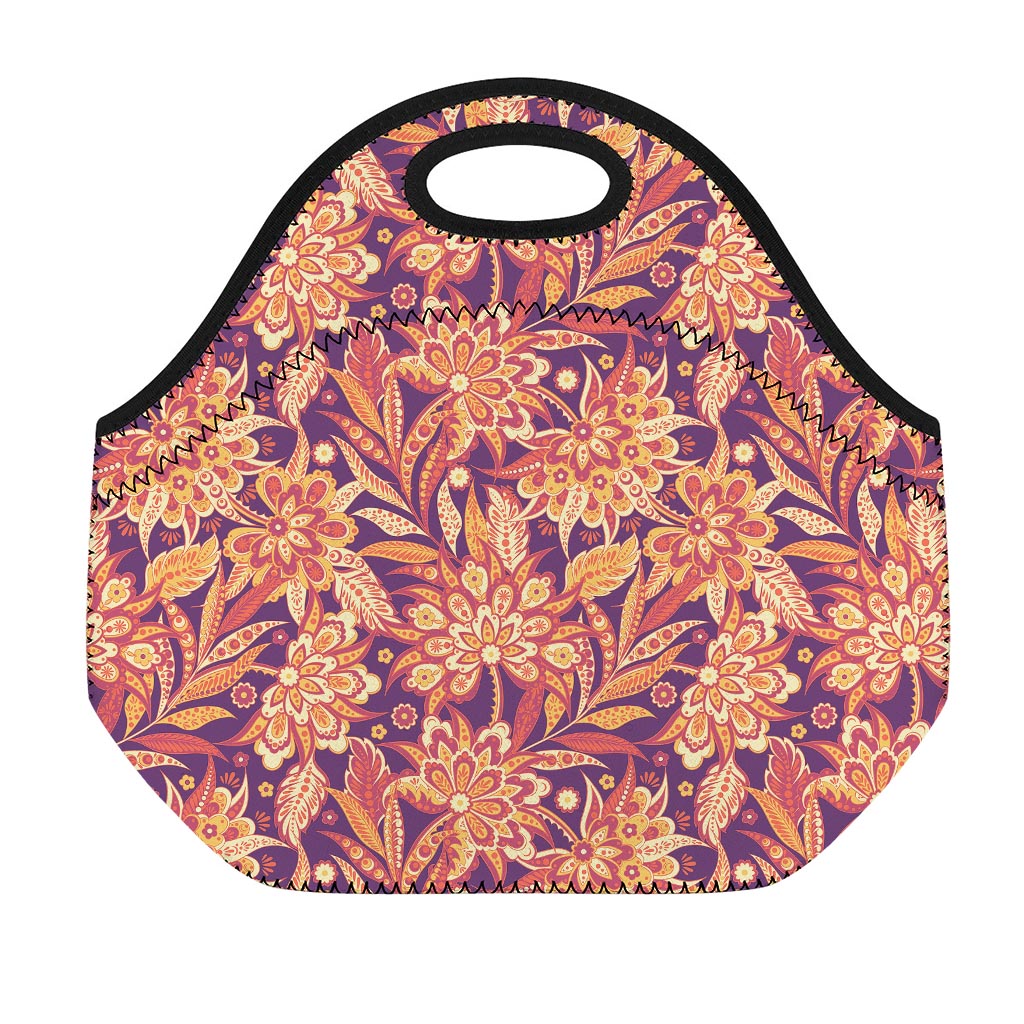 Orange Bohemian Floral Pattern Print Neoprene Lunch Bag