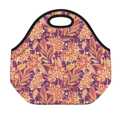Orange Bohemian Floral Pattern Print Neoprene Lunch Bag