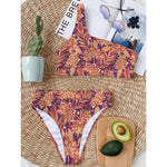 Orange Bohemian Floral Pattern Print One Shoulder Bikini Top