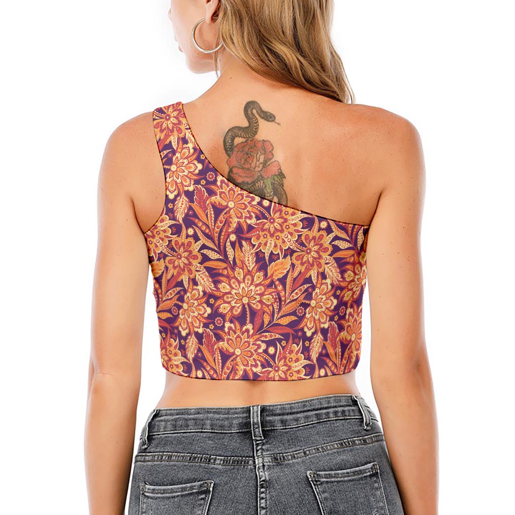 Orange Bohemian Floral Pattern Print One Shoulder Crop Top