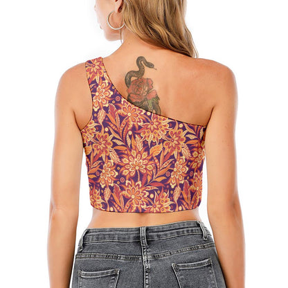 Orange Bohemian Floral Pattern Print One Shoulder Crop Top