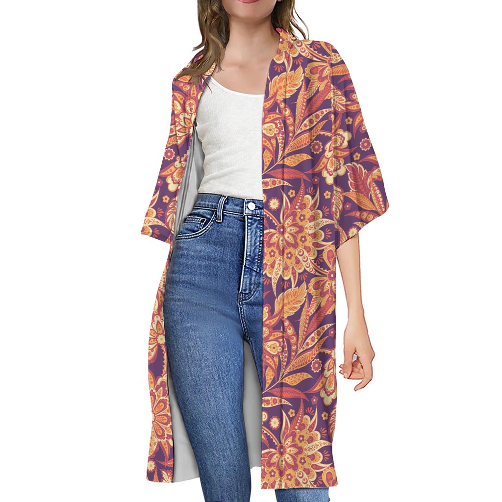 Orange Bohemian Floral Pattern Print Open Front Beach Cover Up