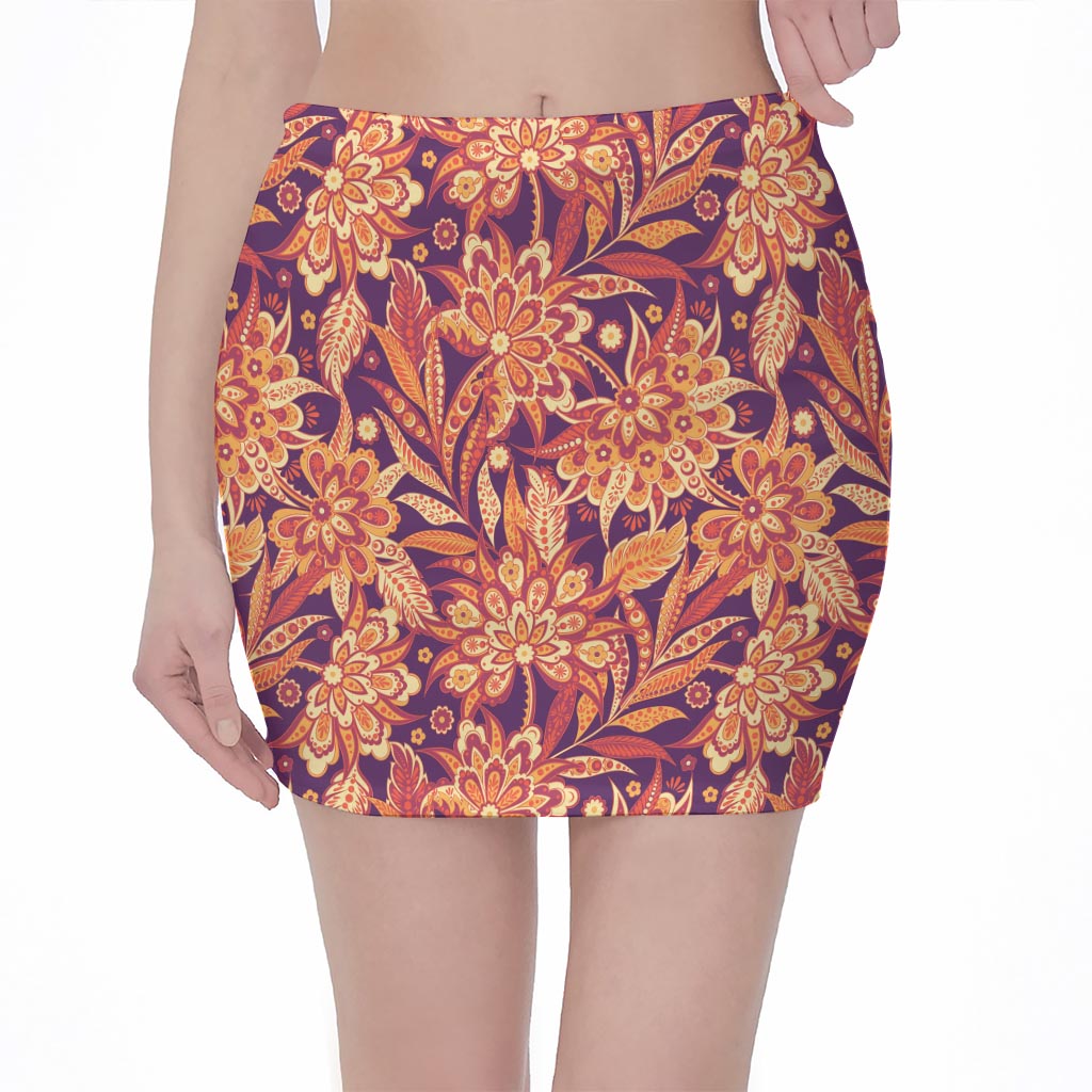 Orange Bohemian Floral Pattern Print Pencil Mini Skirt