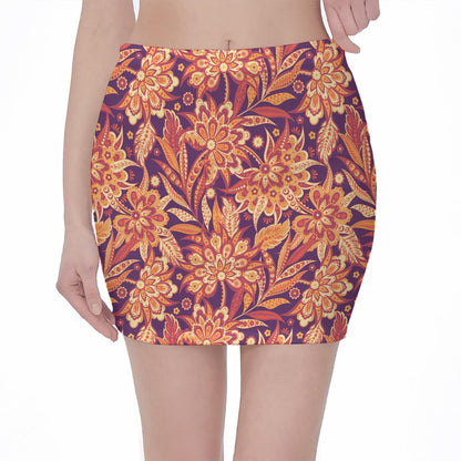 Orange Bohemian Floral Pattern Print Pencil Mini Skirt