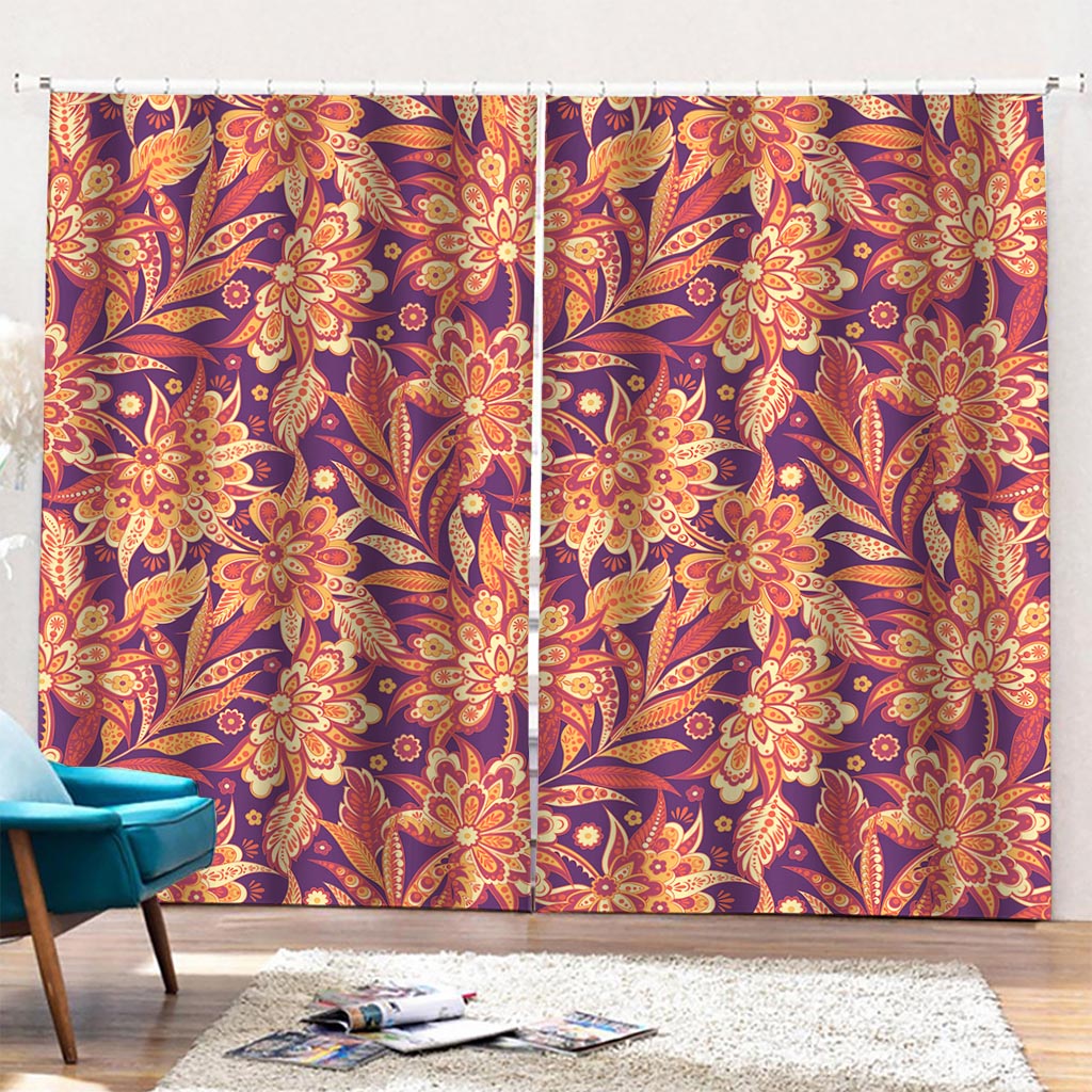 Orange Bohemian Floral Pattern Print Pencil Pleat Curtains