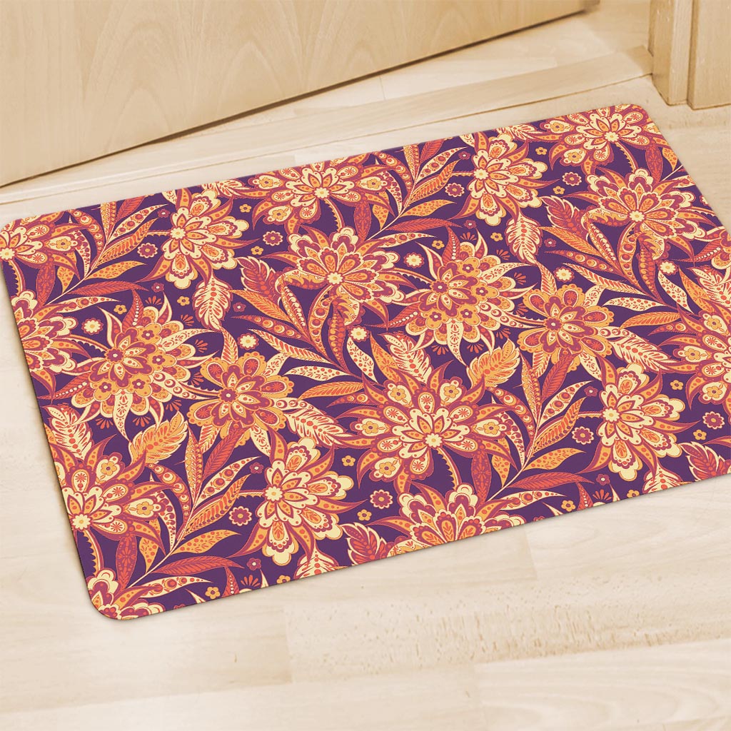 Orange Bohemian Floral Pattern Print Polyester Doormat