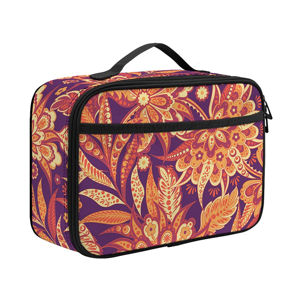 Orange Bohemian Floral Pattern Print Portable Lunch Bag