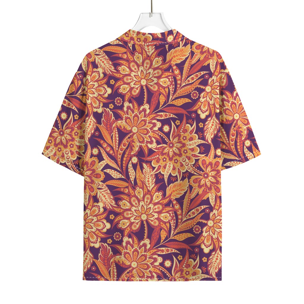 Orange Bohemian Floral Pattern Print Rayon Hawaiian Shirt