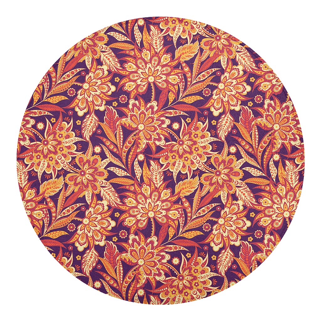 Orange Bohemian Floral Pattern Print Round Blanket
