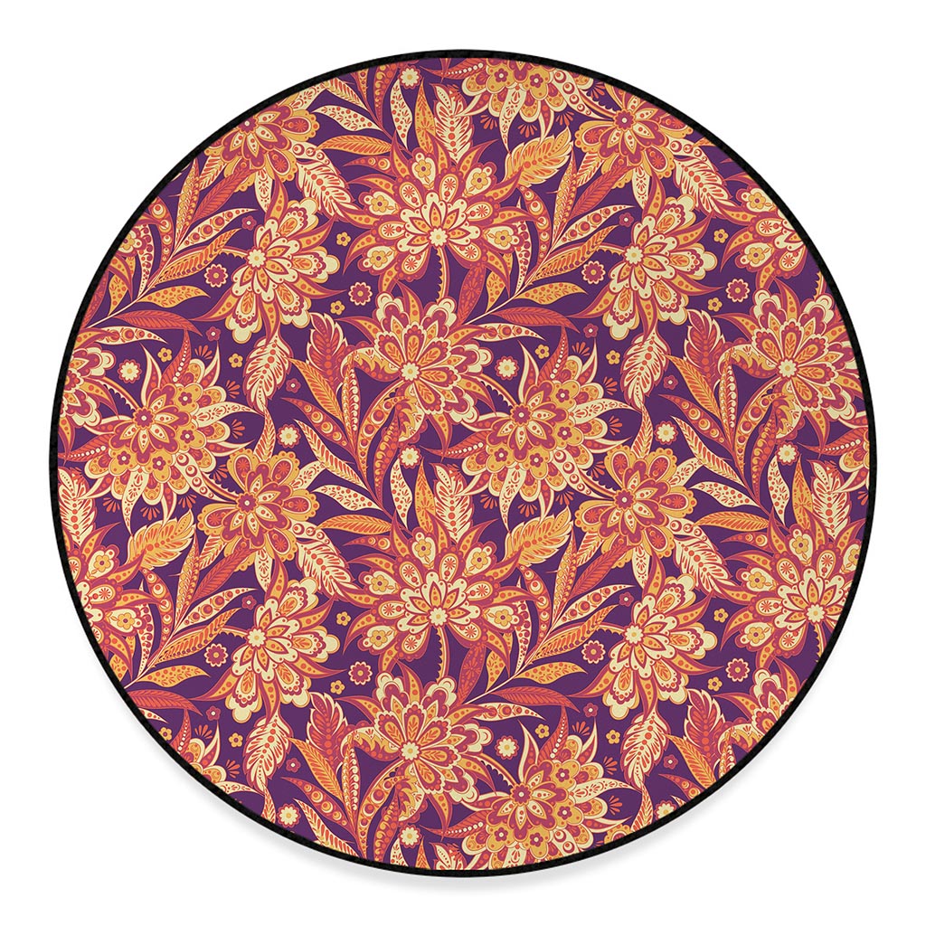 Orange Bohemian Floral Pattern Print Round Floor Mat