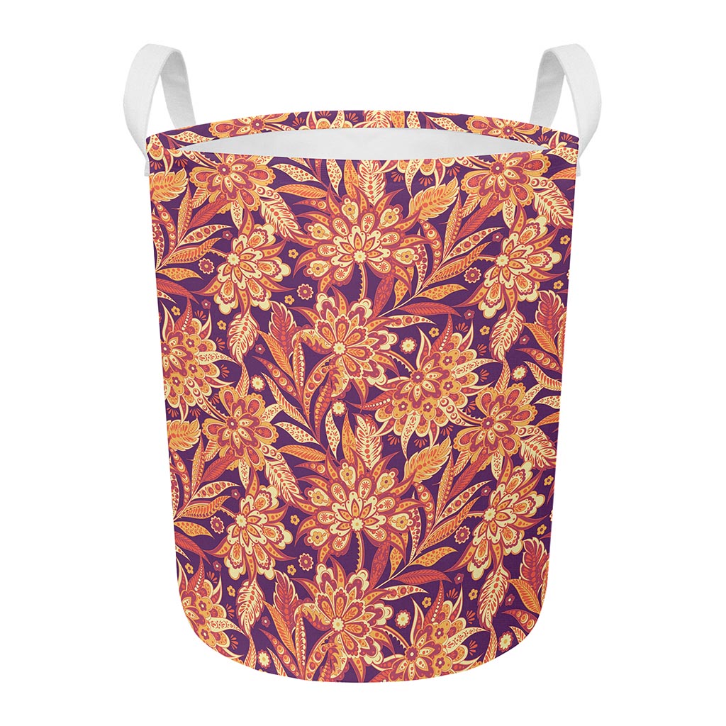 Orange Bohemian Floral Pattern Print Round Laundry Basket