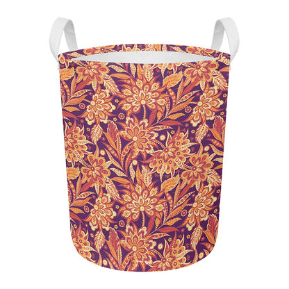 Orange Bohemian Floral Pattern Print Round Laundry Basket