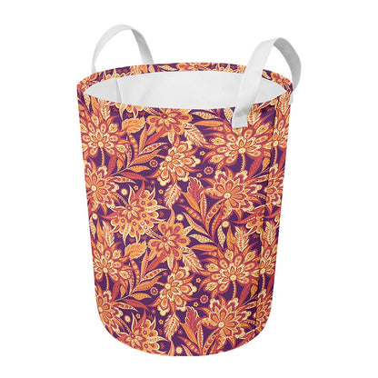 Orange Bohemian Floral Pattern Print Round Laundry Basket