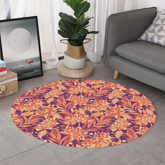 Orange Bohemian Floral Pattern Print Round Rug