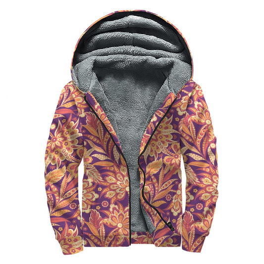 Orange Bohemian Floral Pattern Print Sherpa Lined Zip Up Hoodie