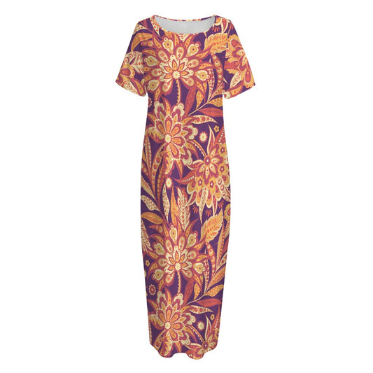 Orange Bohemian Floral Pattern Print Short Sleeve Long Nightdress