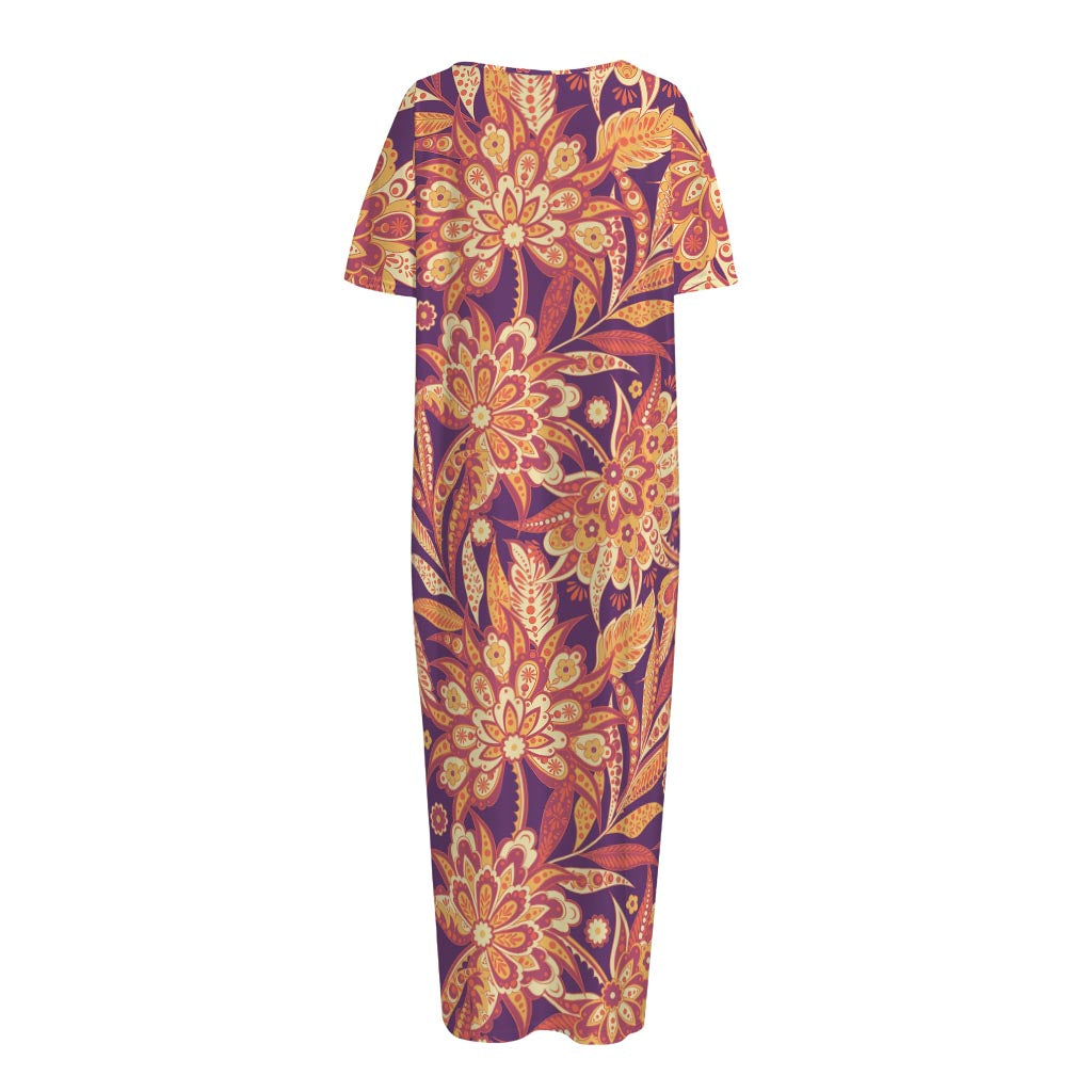 Orange Bohemian Floral Pattern Print Short Sleeve Long Nightdress