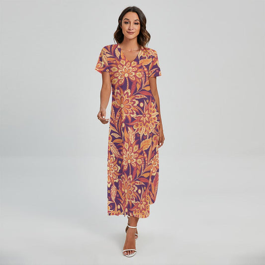 Orange Bohemian Floral Pattern Print Short Sleeve Maxi Dress