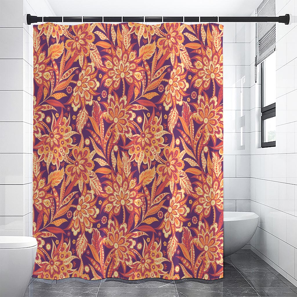 Orange Bohemian Floral Pattern Print Shower Curtain