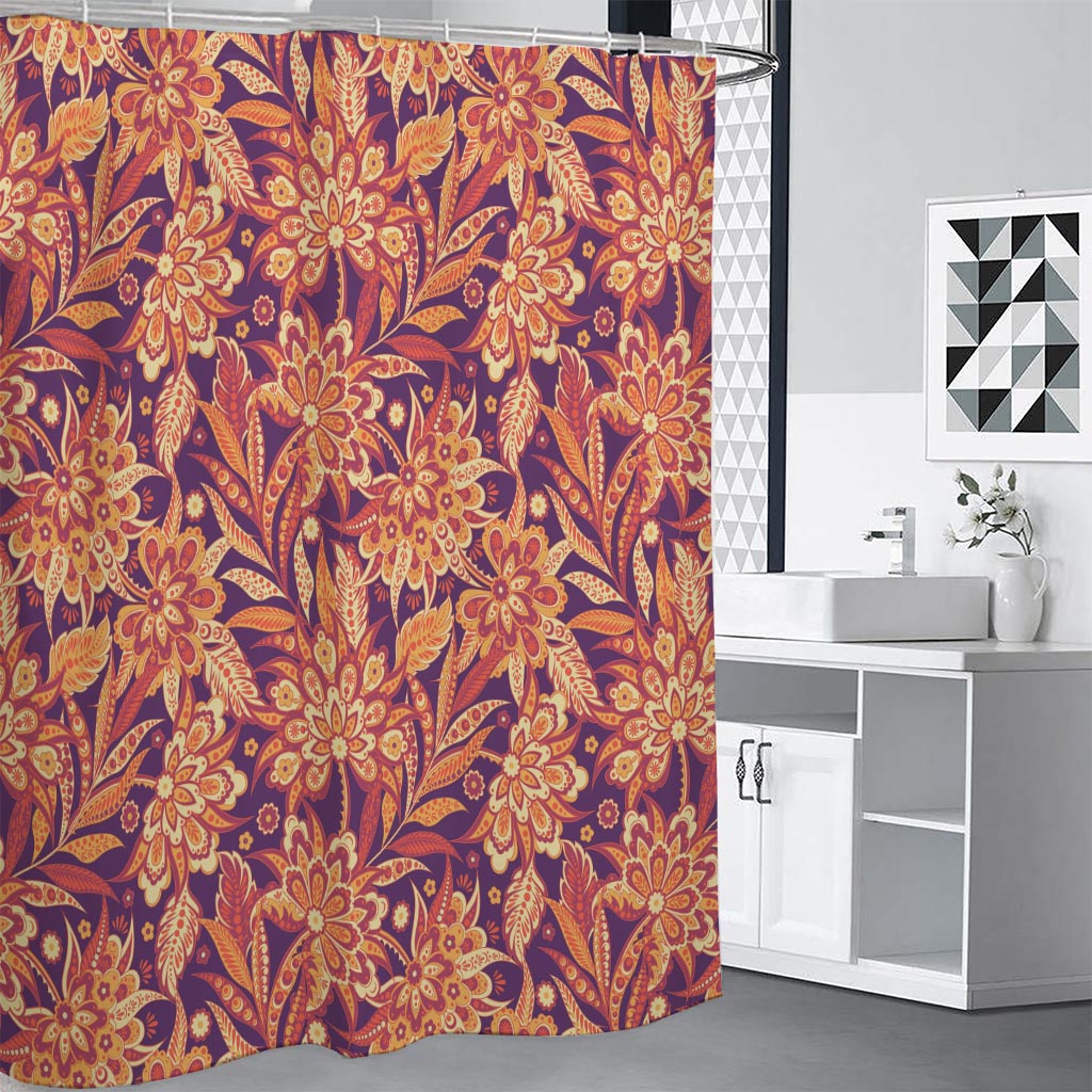 Orange Bohemian Floral Pattern Print Shower Curtain