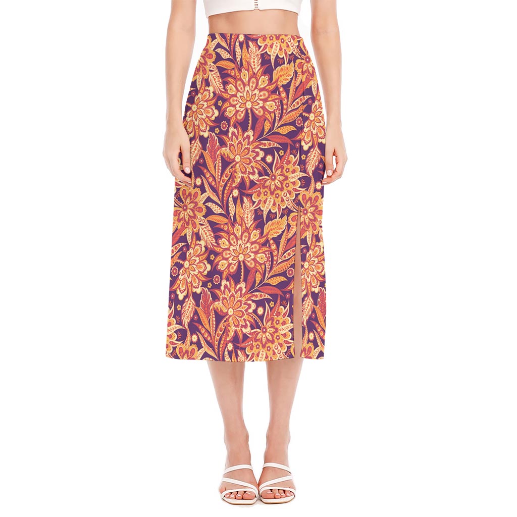 Orange Bohemian Floral Pattern Print Side Slit Midi Skirt