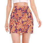 Orange Bohemian Floral Pattern Print Side Slit Mini Skirt