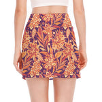 Orange Bohemian Floral Pattern Print Side Slit Mini Skirt