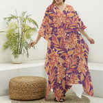 Orange Bohemian Floral Pattern Print Silk V-Neck Kaftan Dress