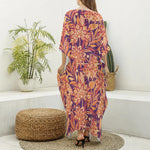 Orange Bohemian Floral Pattern Print Silk V-Neck Kaftan Dress
