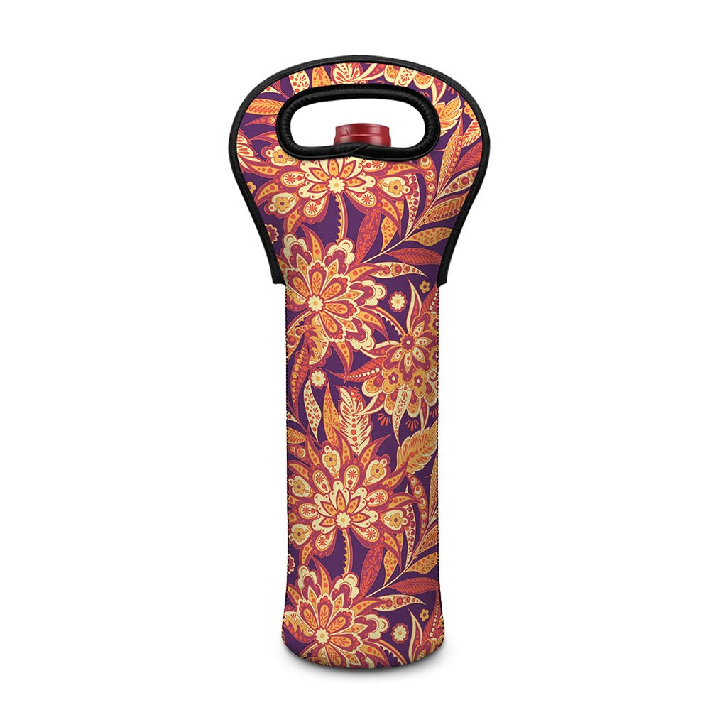 Orange Bohemian Floral Pattern Print Single Neoprene Wine Tote