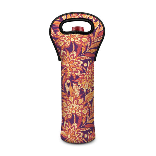 Orange Bohemian Floral Pattern Print Single Neoprene Wine Tote