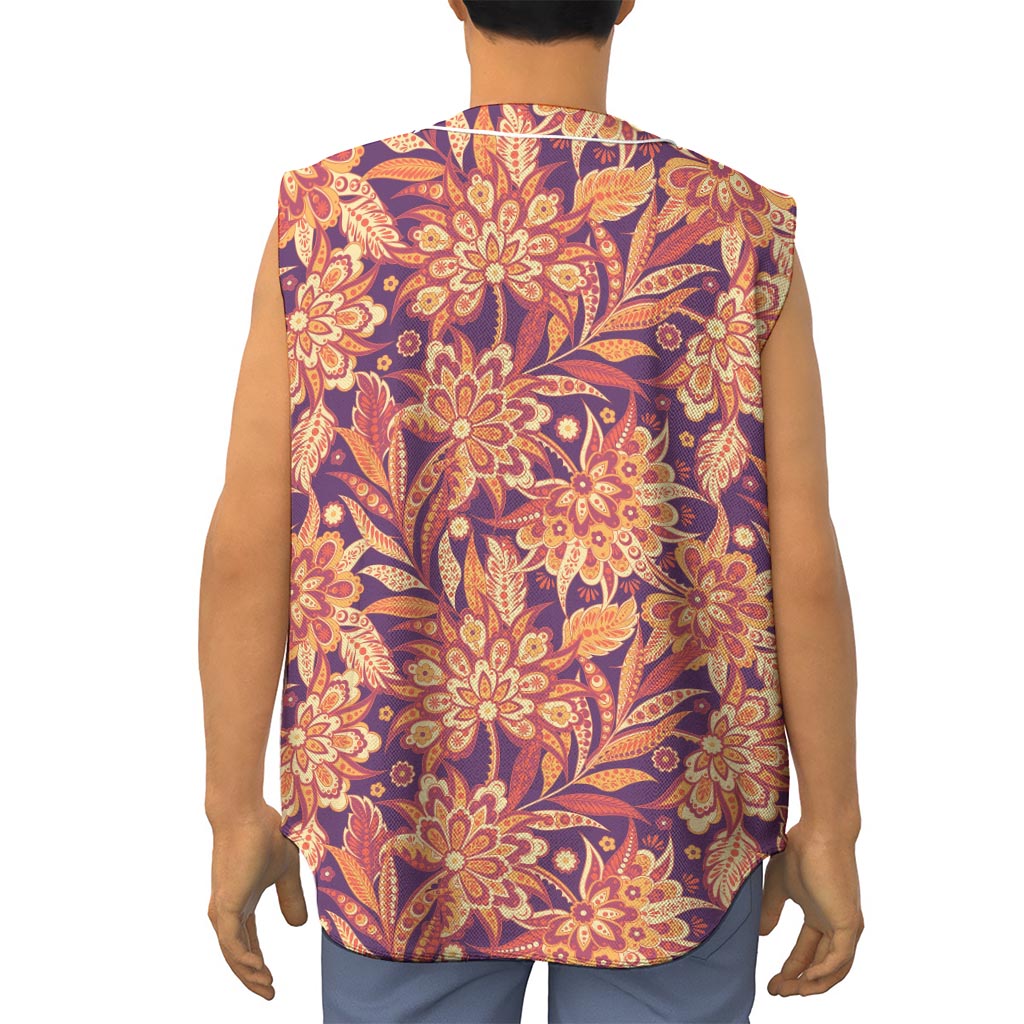 Orange Bohemian Floral Pattern Print Sleeveless Baseball Jersey