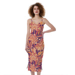 Orange Bohemian Floral Pattern Print Slim Fit Midi Cami Dress