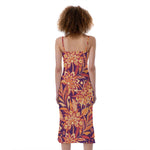 Orange Bohemian Floral Pattern Print Slim Fit Midi Cami Dress