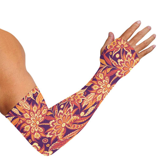 Orange Bohemian Floral Pattern Print Sun Protection Arm Sleeves