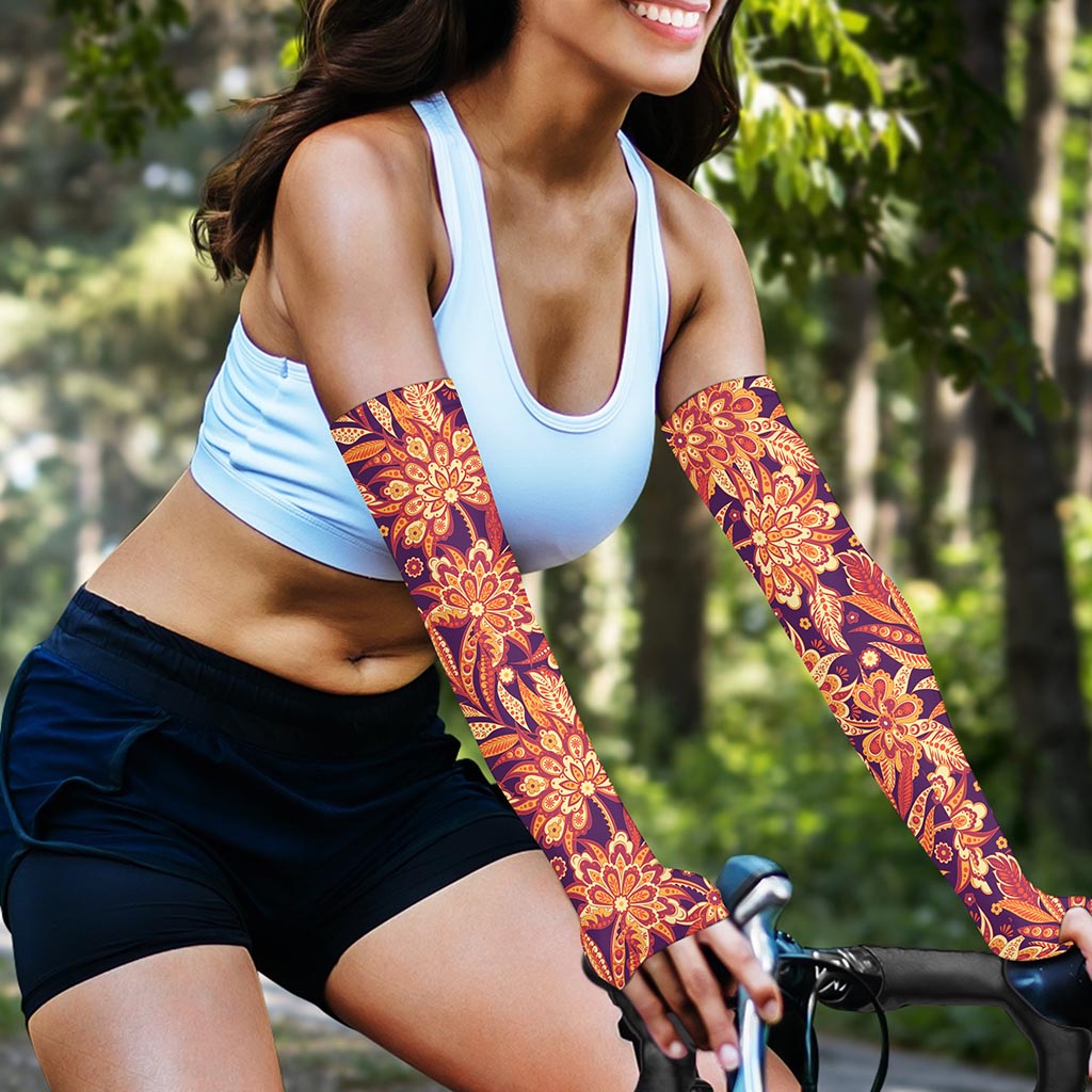 Orange Bohemian Floral Pattern Print Sun Protection Arm Sleeves