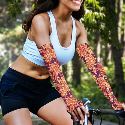 Orange Bohemian Floral Pattern Print Sun Protection Arm Sleeves