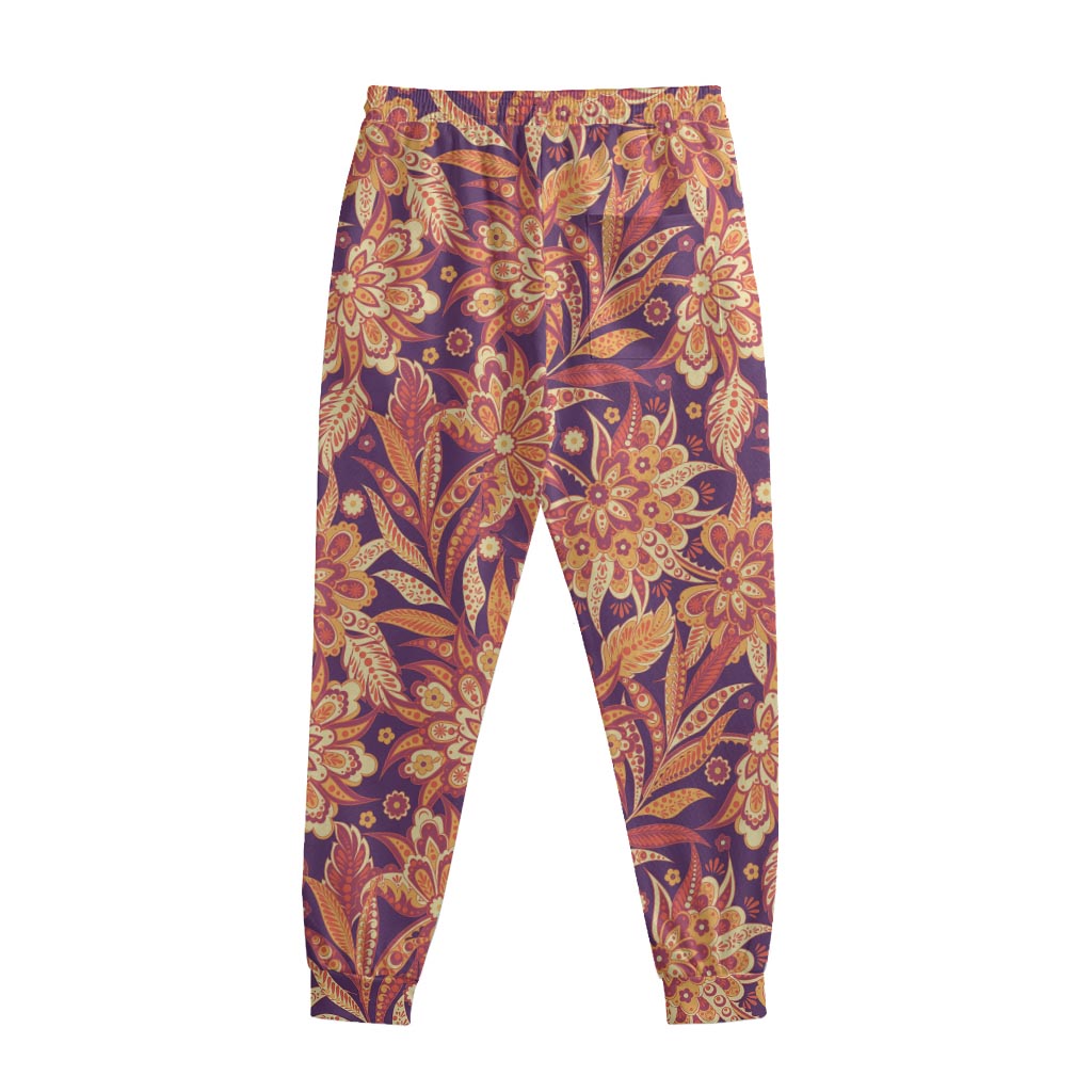 Orange Bohemian Floral Pattern Print Sweatpants
