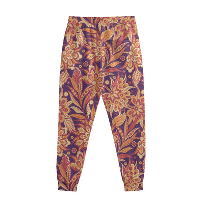 Orange Bohemian Floral Pattern Print Sweatpants