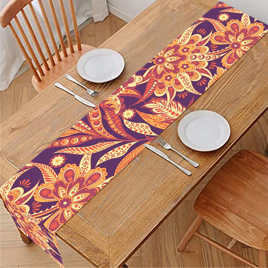 Orange Bohemian Floral Pattern Print Table Runner