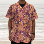 Orange Bohemian Floral Pattern Print Textured Short Sleeve Shirt