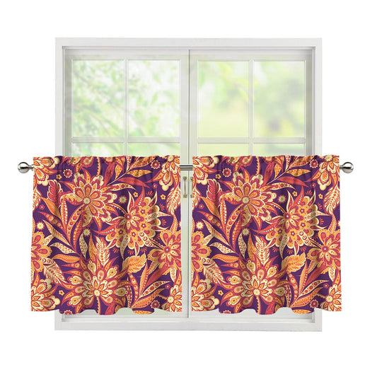 Orange Bohemian Floral Pattern Print Tier Curtains