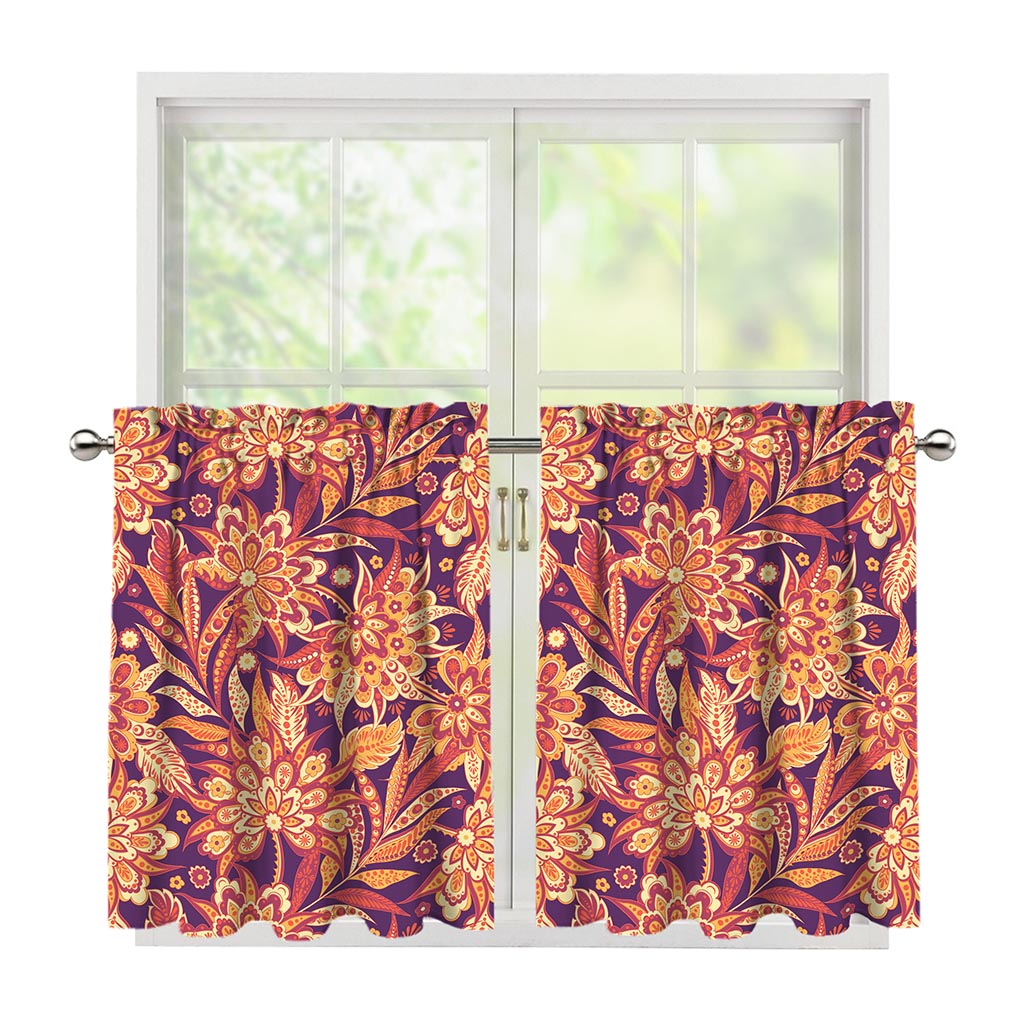 Orange Bohemian Floral Pattern Print Tier Curtains