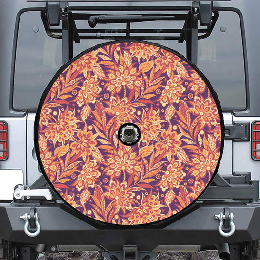 Orange Bohemian Floral Pattern Print Tire Cover With Camera Hole
