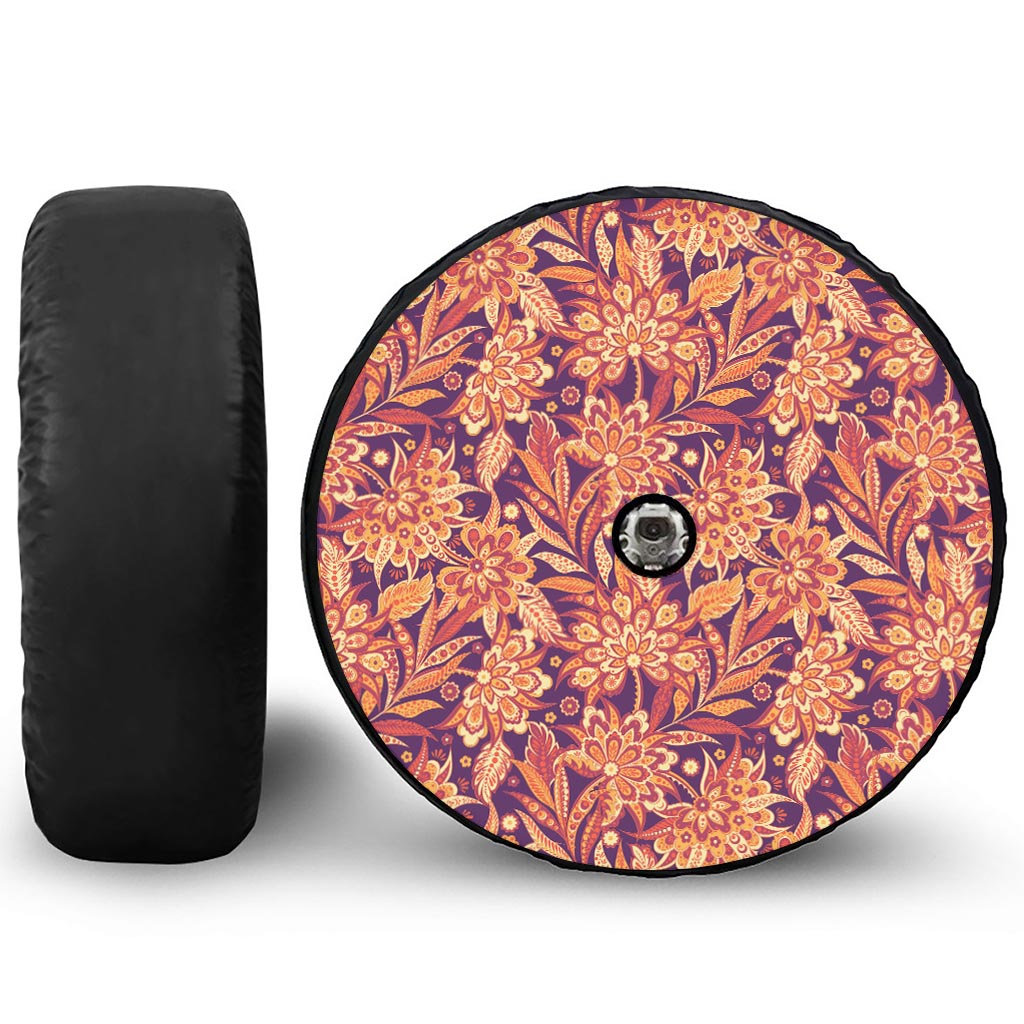 Orange Bohemian Floral Pattern Print Tire Cover With Camera Hole