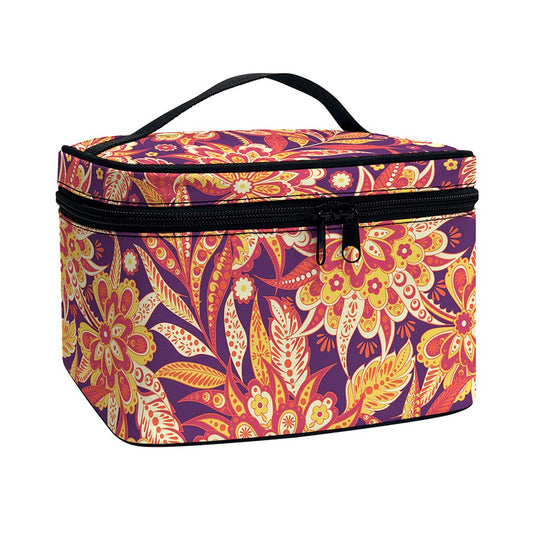 Orange Bohemian Floral Pattern Print Travel Makeup Bag