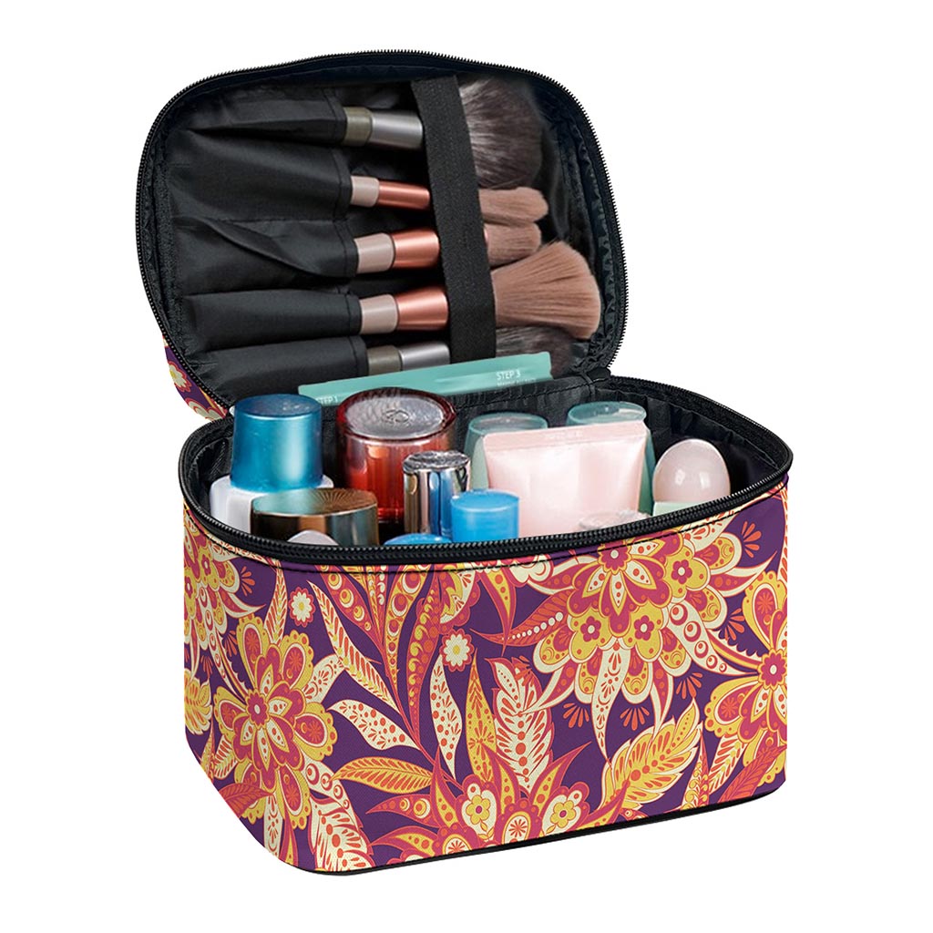 Orange Bohemian Floral Pattern Print Travel Makeup Bag